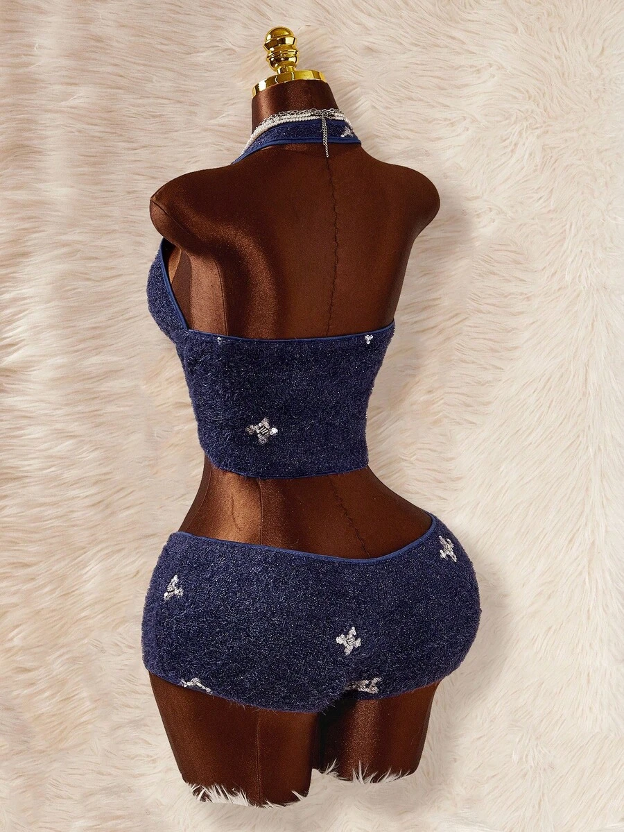 Amplova 深V领露背系带超低腰迷你短裤两件套 - 彩色 - 查看 1