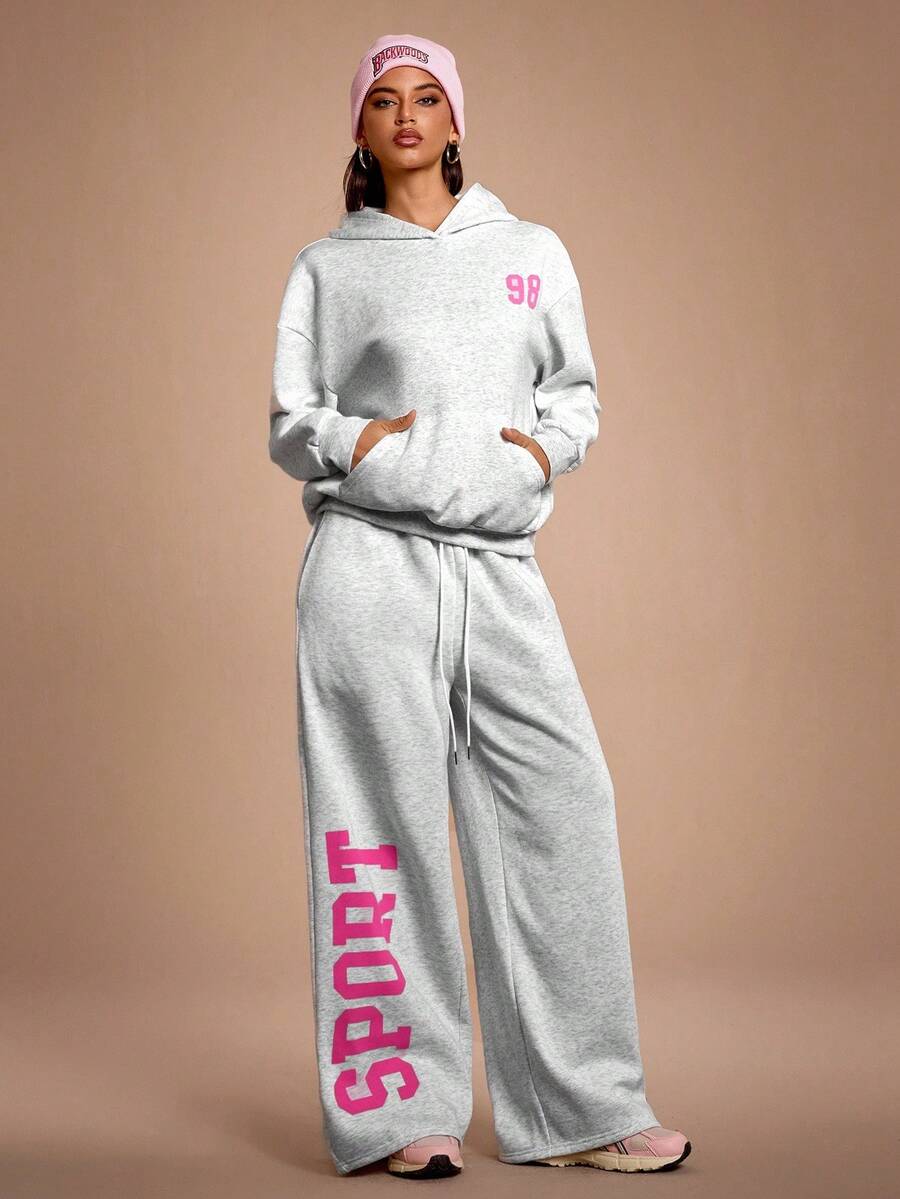 Streetz SHEIN Sport 2件套女士休闲连帽长袖上衣和裤子运动套装 - 淺灰色 - 查看 1