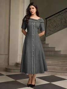 ZEYLAH Váy Maxi xòe trễ vai, eo cao, thanh lịch - Xám - Xem 4