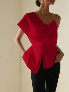 Vesra 女式纯色扭结腰部设计时尚衬衫 - 紅色 - 查看 6