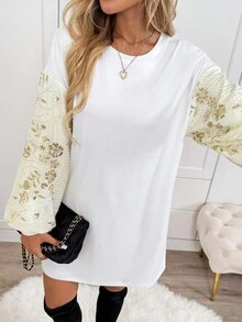 SHEIN LUNE Women's Casual Sequin Embroidered Party Mini Dress, Basic Autumn/Winter Daily Outfit Lantern Sleeve Dress White Casual Dress White Dress Puff Sleeve Dress Sequin Dress New Fall Fashion Women Fall Clothes For Women Elegant Dresses For Women Long Sleeve Dress Fall Dresses For Women Fall Outfits Winter Dress Women Winter Outfit For Women Winter Clothes For Women Going Out Outfits Short Party Dress - White - View 3
