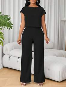 Lunelith SHEIN Lunessa 2pcs/Set Women French Style V-Neck Short Sleeve Top & High Waisted Wide Leg Pants Set, Versatile - Black - View 5