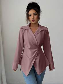 Selianne Women's Solid Color Minimalist Long Sleeve Shirt, Casual Everyday Wear - Redwood - View 4