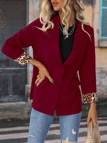 EMERY ROSE Women's Casual Blazer Jacket With Leopard Print Cuffs And Single-Breasted Closure, Autumn - Burgundy - View 6