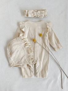 SHEIN 女婴提花褶皱面料圆领前按扣荷叶边饰边弹力袖口长袖连体衣，配帽子和蝴蝶结头带，秋冬 - 杏色 - 查看 2