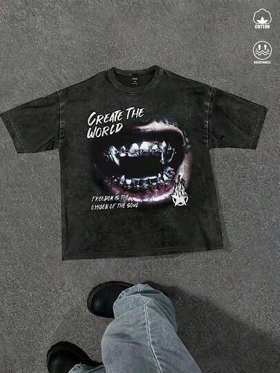 Manfinity ZONE917 ZONE917 破烂吸血鬼牙齿标语图案黑色 T 恤