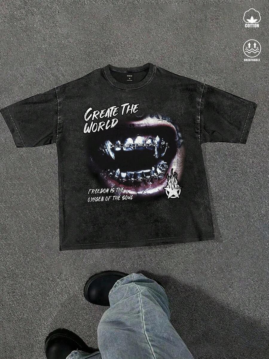 Manfinity ZONE917 ZONE917 破烂吸血鬼牙齿标语图案黑色 T 恤 - 黑色 - 查看 1