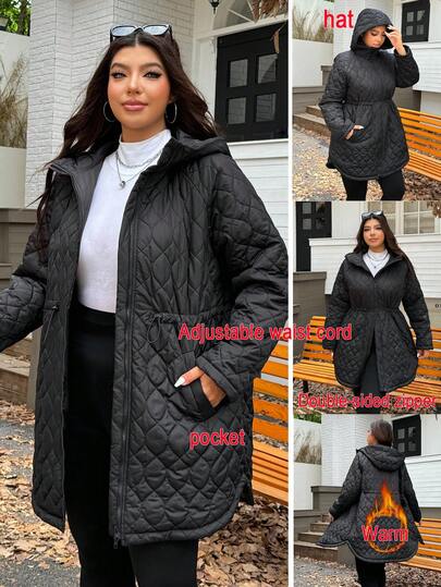 SHEIN EZwear Plus Size Adjustable Cinched Waist Thickened Two-Way Wear Jacket, Autumn/Winter Fall