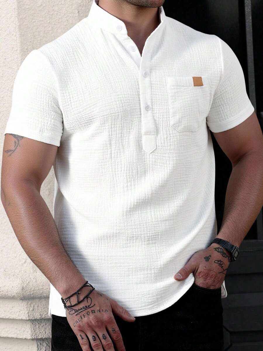 Manfinity Homme High Quality 100% Cotton Men's Solid Color Shirt, Stand-Up Collar Casual Short Sleeve Half Placket Button Shirt Pocket PU Embellishment, Suitable For Summer, Suitable For Daily Wear, Suitable For Father's Day Gift Polo Shirts For Men Men Clothing Men Shirts, Men White Top, Men S White And Gold Short Sleeve, Beach Clothes For Men White Cream - White - View 1