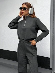 SHEIN Cottnline 2 PCS Zipper Sweatshirt & Wide Leg Sweatpants - Black - View 5