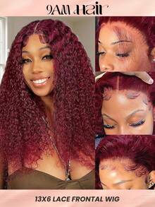 99j# Color Deep Wave 13*6 Lace Front Wig Burgundy Human Hair  180%Density Natural Hairline Free Parting For Party Daily Use Halloween Costumes - S99J - View 1
