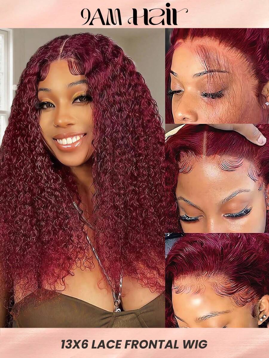 99j# Color Deep Wave 13*6 Lace Front Wig Burgundy Human Hair  180%Density Natural Hairline Free Parting For Party Daily Use Halloween Costumes - S99J - View 1