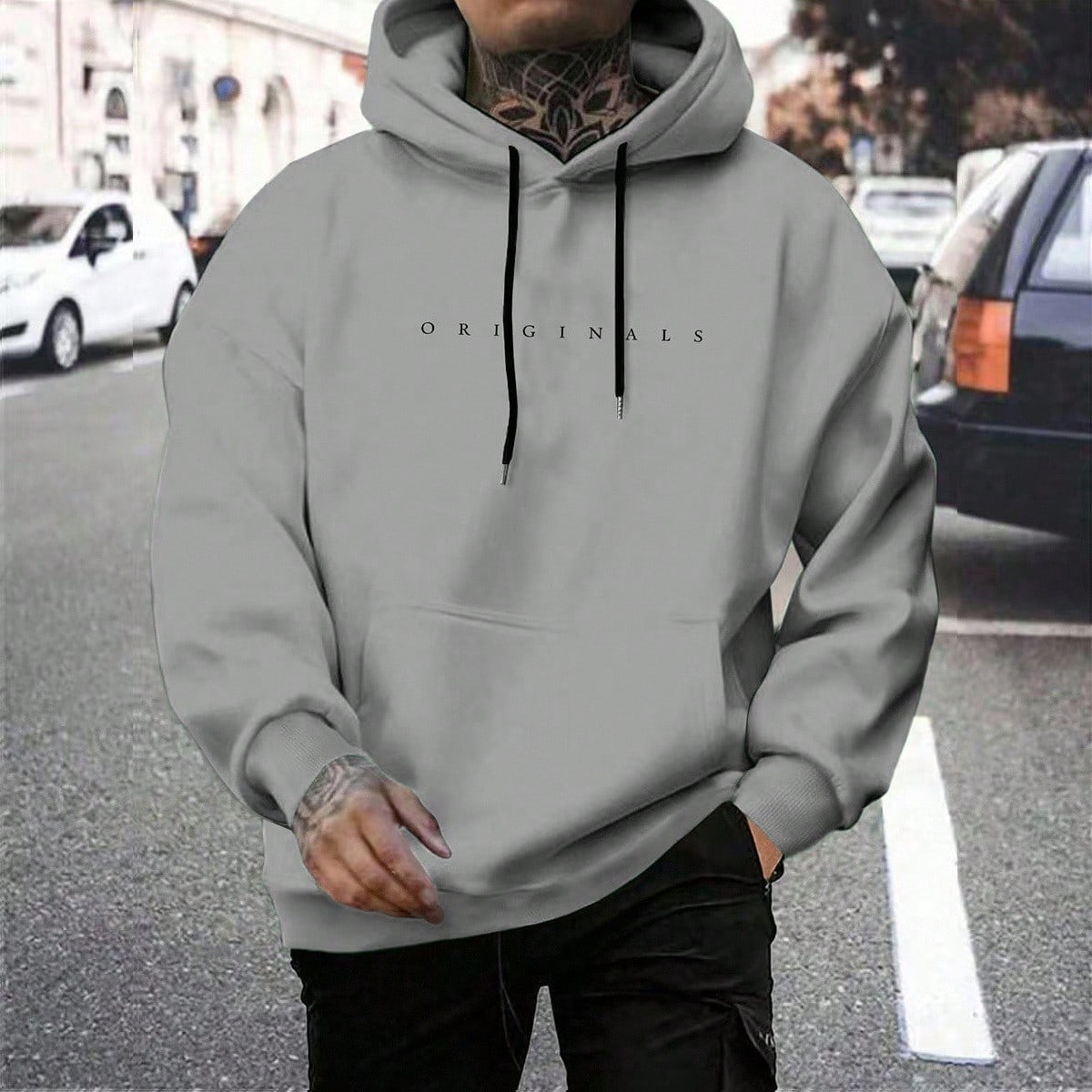 Sudadera casual con capucha, cordón, bolsillos y estampado de letras de manga larga para hombre en otoño