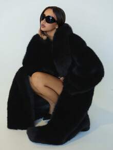 SHEIN ICON Women's Solid Color Faux Fur Collar Long Sleeve Loose Long Coat, Winter,Fall - Black - View 7