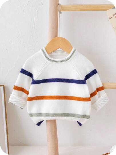 SHEIN Back To School & Graduation Season Young Boys' Casual Comfortable Versatile Cute Colorful Striped Loose Elastic Pullover Sweater, Autumn/Winter Fall