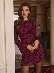 Aloruh Abito a maniche lunghe in velluto bordeaux per l'autunno/inverno - Bordò - Visualizzare 3