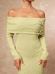 SHEIN Privé Herbst-Winter Feier Party Bankett bescheiden Altgeld Glitzer Feiertags Party Rave Festival Ausflug Urlaub Heiß Outdoor Reichlich geschichtetes Hochzeitssaison Bankett Volljährigkeitsfeier Damen Herbst Off-Shoulder langärmeliges figurbetontes elegantes Strickkleid mit Knopfdesign Off-Shoulder Abendkleid Salbeigrünes Abendkleid Limette Grünes Kleid Damen Langarm Luxus Abschlussball Eid Al-Adha Eid Al-Adha Party Neujahr - Grün - Übersicht 6