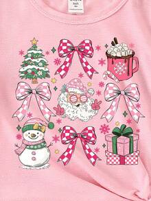 1pc Merry Christmas Girls Casual Cute Bow, Christmas Tree, Santa Claus Gift Print Round Neck Short Sleeve T-Shirt, Christmas Party Top