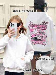 SHEIN Tween Girls' Casual Street Graphic Racing Print White Long Sleeve Zip-Up Sweatshirt With Pockets, Suitable For Autumn/Winter Fall - White - View 3