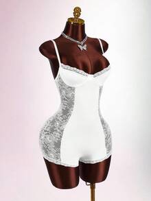 Amplova 性感撞色蕾丝收腰金色女式连体裤 - 白色 - 查看 5