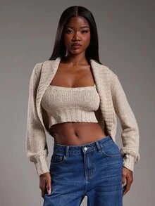 NYA SZN Women's Beige Autumn Casual Lounge Long Sleeve Bolero Cardigan Over Sleeveless Knit Crop Top,Fitted Bodycon Oversized Everyday Business Office Outfit - Apricot - View 5