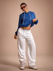 Streetz SHEIN Sport Áo nỉ trùm đầu tay dài hở vai màu trơn có dây rút cho nữ - Màu xanh lam - Xem 5