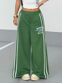 Flirla In thư Khối màu Sọc Giải trí quần ống rộng Quần Chạy bộ - Màu xanh lá cây đậm - Xem 3