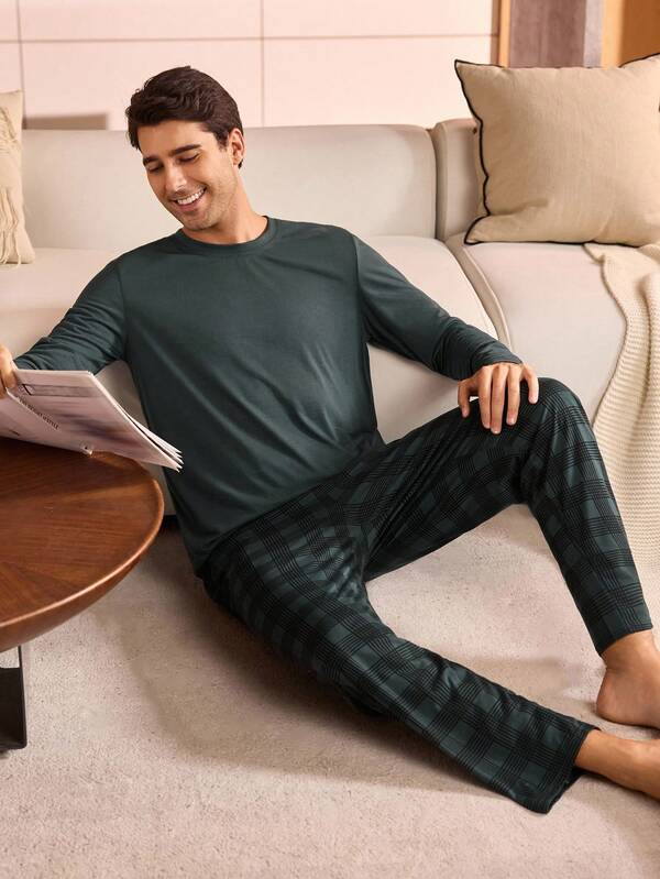 Manfinity Underwear&Sleepwear Basics Conjunto de pijama de pantalón a cuadros y parte superior de manga larga de unicolor para hombres, ropa cómoda de estar en casa, ropa de invierno y otoño para hombres, pijama para hombres