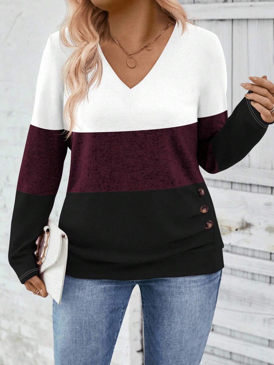 EMERY ROSE Áo thun dệt kim cổ chữ V tay dài ba màu thiết kế thường ngày cho nữ, áo thun họa tiết mùa thu/đông dành cho nữ mùa xuân - Nhiều màu - Xem 1