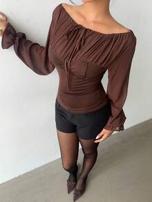 Aloruh Blouse de bureau en mousseline de soie plissée et bicolore avec nœud, couleur café - Marron - Voir 6