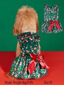 PETSIN Schleifenband Katzenkleidung, Weihnachts-Muster Teddy Kleid, Hundekleid, Haustier Prinzessin Kleid - Grün - Übersicht 2