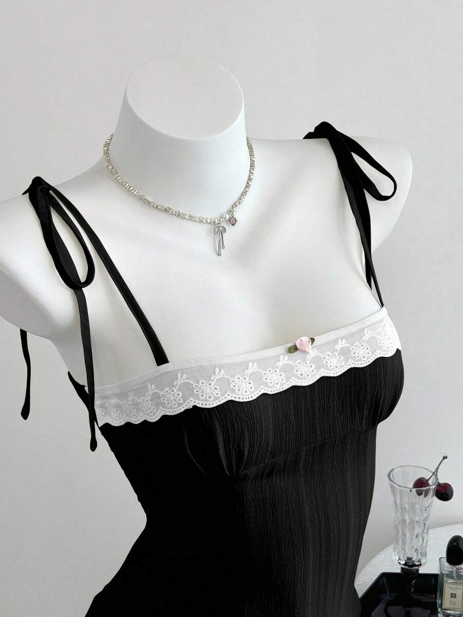 Elamini 春夏女士休闲格子系带腰带吊带背心 - 黑色 - 查看 1