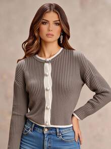 EURMUSE Women's Back To School Ribbed Knit Cardigan With Contrast Scalloped Placket And Pearl Buttons,Long Cardigans Woman,Petite Cardigans,Cardigans - Camel - View 1