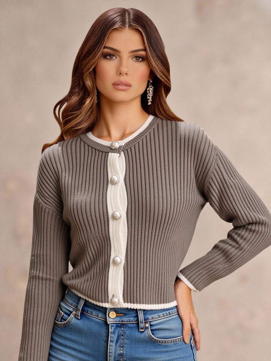 EURMUSE Women's Back To School Ribbed Knit Cardigan With Contrast Scalloped Placket And Pearl Buttons,Long Cardigans Woman,Petite Cardigans,Cardigans - Camel - View 1