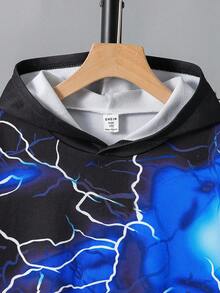 SHEIN 2 件青少年男孩休闲街头时尚夜光连帽衫和运动裤套装，适合通勤、上学、日常休闲装、运动、秋冬 - 藍色 - 查看 4