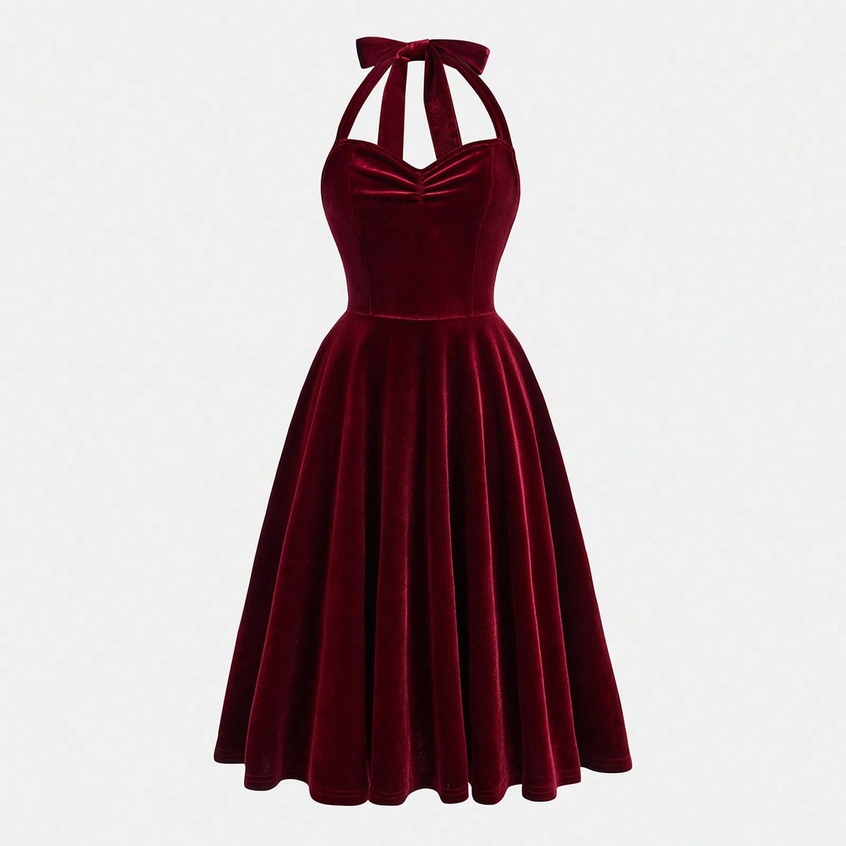 Vestido elegante rojo de terciopelo con lazo y cuello halter para niñas preadolescentes