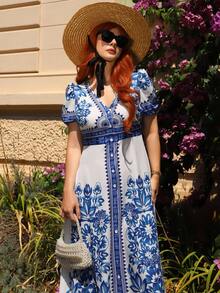 Gretanique New Design Women's Blue & White Woven Positioned Floral Print V-Neck Puff Sleeve Waist Cinched Floral Print Elegant Midi Dress, Flattering, Sophisticated Middle East Style