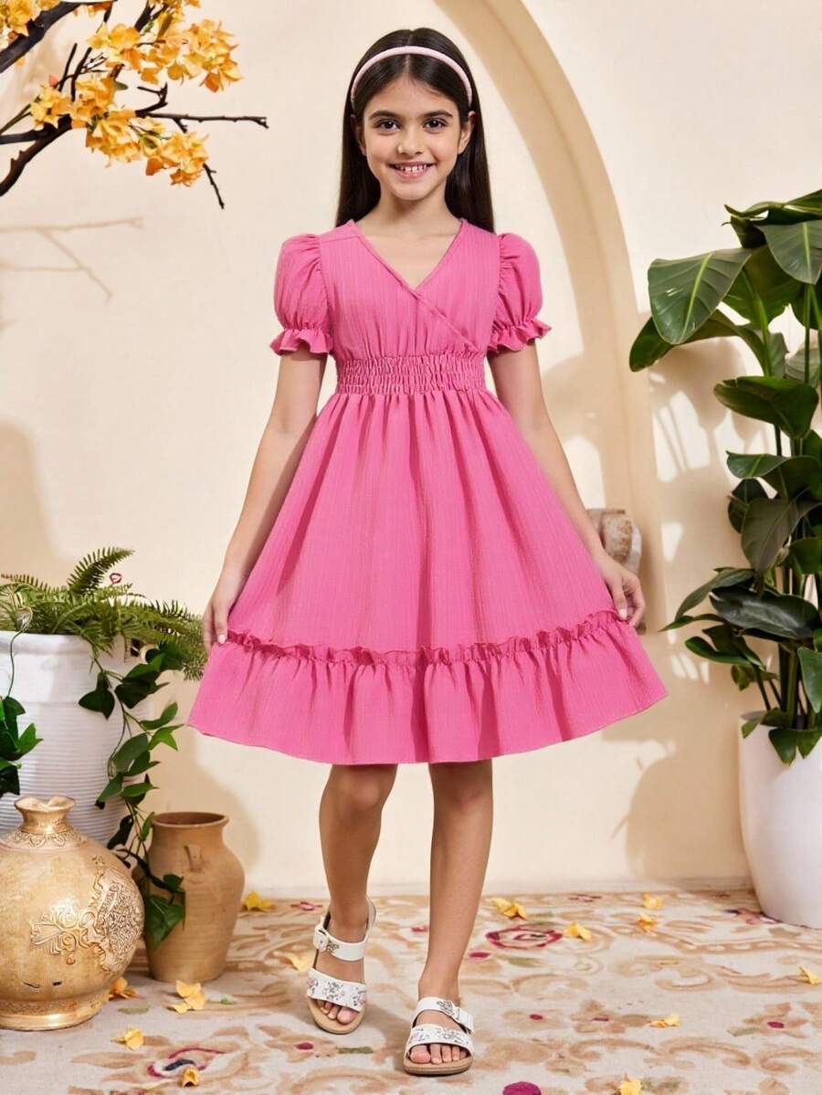 Solid Color V-Neck Short Sleeve Dress For Tween Girls, Summer,Holiday,Summer,Travel - Watermelon Pink - View 1