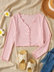 SHEIN Tween Girls' Versatile Casual Ribbed V-Neck Ruffle Trim Button Up Cardigan Sweater, Back To School Fall Winter - Baby Pink - View 1