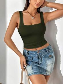 Flirla Áo thun nữ cổ vuông không tay ôm vừa vặn màu trơn đơn giản tối giản - xanh quân đội - Xem 5