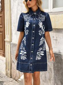 SHEIN Plus Size Casual Vacation Solid Color Embroidered Denim Dress - Dark Wash - View 4