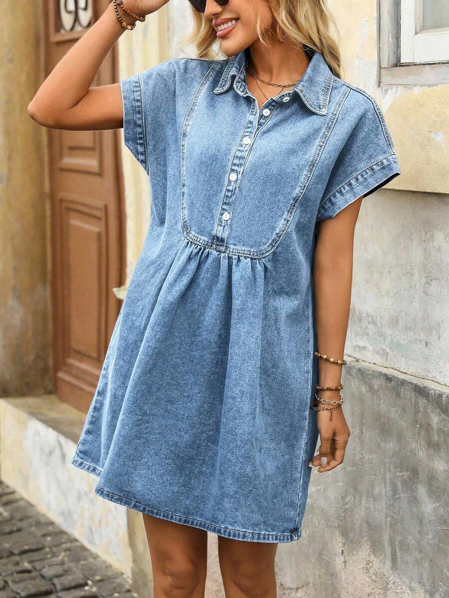 EMERY ROSE Plus Size Women Casual Vacation Stretch-Free Light Blue Denim Dress - Light Wash - View 1