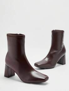 Solezae Most Wanted Women's Angled Block Heel Sock Fit Vegan Leather Chocolate Square Toe Booties-Sleek,Calf-Hugging Fit And Modern Silhouette For Elevated Everyday Or Night-Out Style - Chocolate Brown - View 5