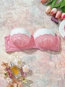 QuietHaus Women's Pink Contrast Color Strapless Underwire Padded Bra,Floral Lace Patchwork, Backless Shoulder-Revealing Comfortable Balconette Bra - Pink - View 8