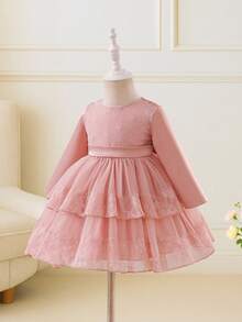 Glamorique Kids New Design Baby Girls Dress, & Elegant Jacquard Mesh Fabric, Suitable For Autumn/Winter, Daily Wear And Party Pink Bow Baby Dress Baby Girl Elegant Dress