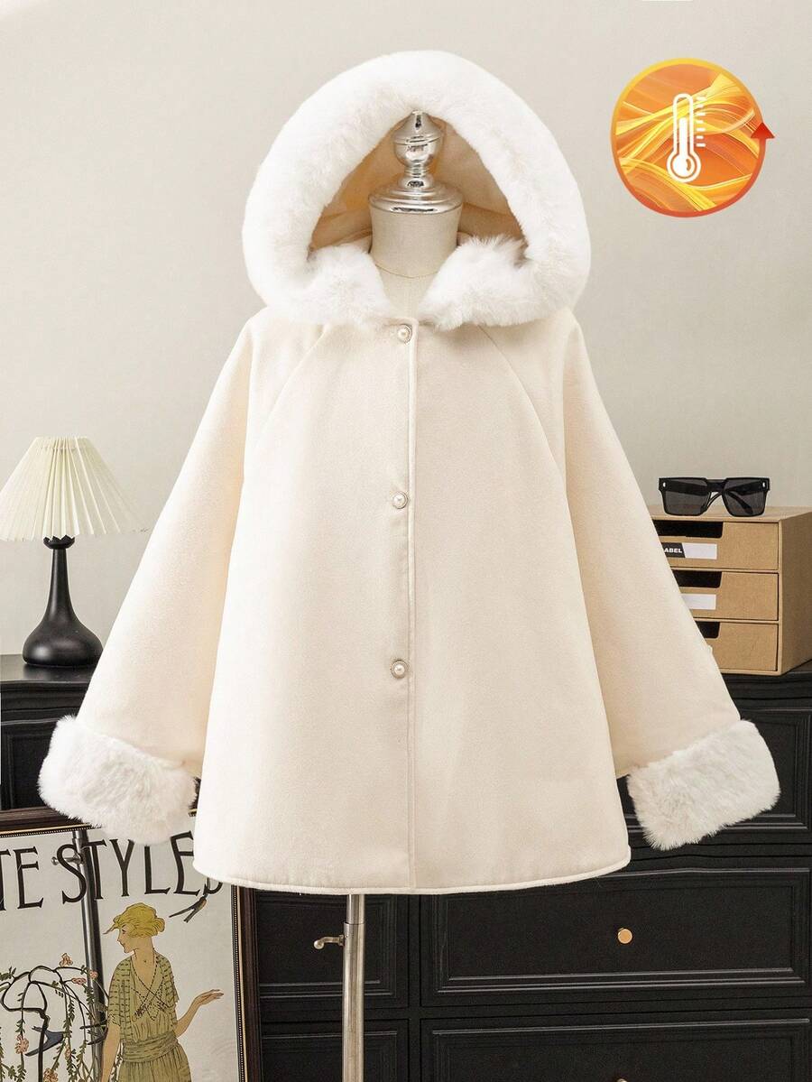 少女秋冬款温暖可爱的连帽斗篷羊毛大衣 - 白色 - 查看 1