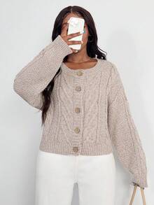 SHEIN PETITE CURVE Cardigan ample à col rond et manches longues, couleur unie, grande taille, automne/hiver - Tabac - Voir 6