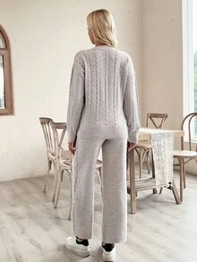 SHEIN 孕妇纯色 V 领落肩麻花针织休闲毛衣套装 - 杏色 - 查看 2