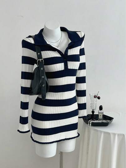 Elamini Women's Casual Turndown Collar Blue & White Striped Knit Dress, Autumn/Winter Striped Sweater Dress Nautical Dress Fall Cloth For Women