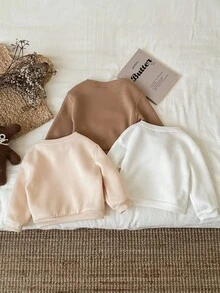 SHEIN Happikins 女婴休闲简约爱心图案加厚保暖长袖卫衣三件套，中性摩卡色系（奶油白、奶油杏色、肉桂色），适合秋冬季节穿着。 - 彩色 - 查看 2